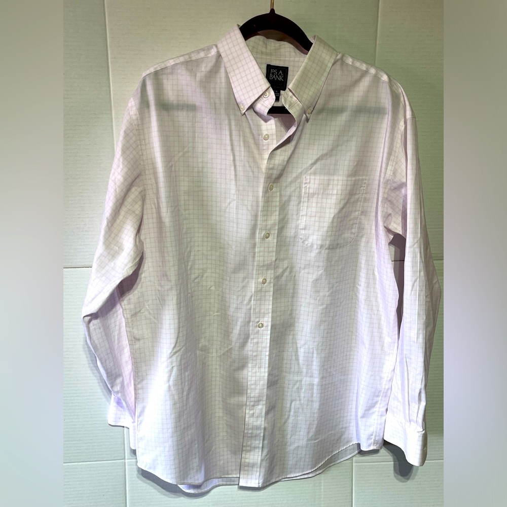 JOS A BANK MENS TRAVELER BUTTON DOWN SHIRT BUSINESS OFFICE PINK/WHITE SZ 17-35